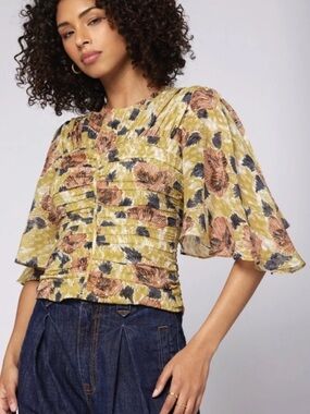joie Foster Short Flutter Sleeve Ruched Silk Floral Designer Top Size 2